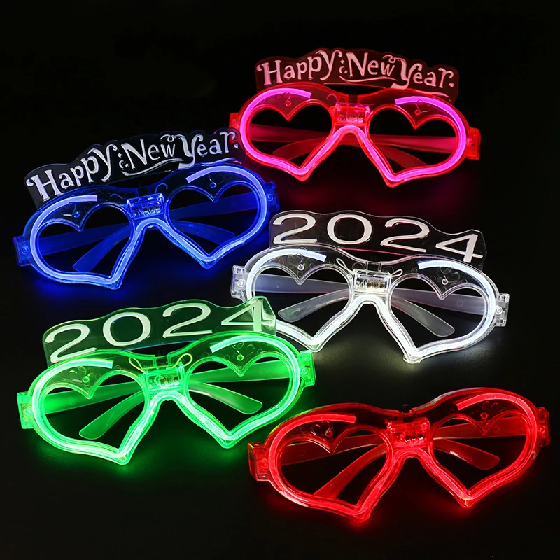 2024 New LED Light-emitting Loving Glasses Happy New Year Party Flash Glasses Toys Dress Up Props Multiple Styles Available