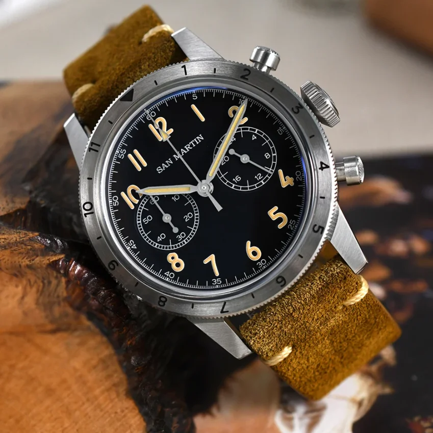 San Martin Men Chronograph Watch Pilot 39.5mm Panda Quartz Wristwatch Military 10Bar Waterproof Sapphire C3 Luminous VK64 Sport