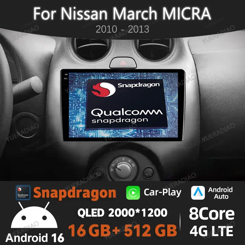 Radio para Auto Android 16 para Nissan March MICRA 2010-2013, BT Qualcomm 2DIN, 4G LTE, 5G WIFI, Reproductor Multimedia de Video, Unidad Principal QLED