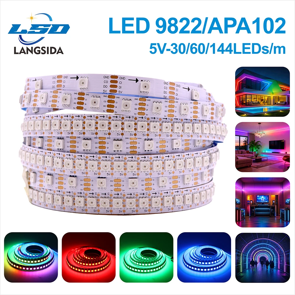 SK9822 RGB LED Strip Equivalent APA102 DC5V Individually Addressable 30/60/144LEDs/m IP30/65/67 Decor Light