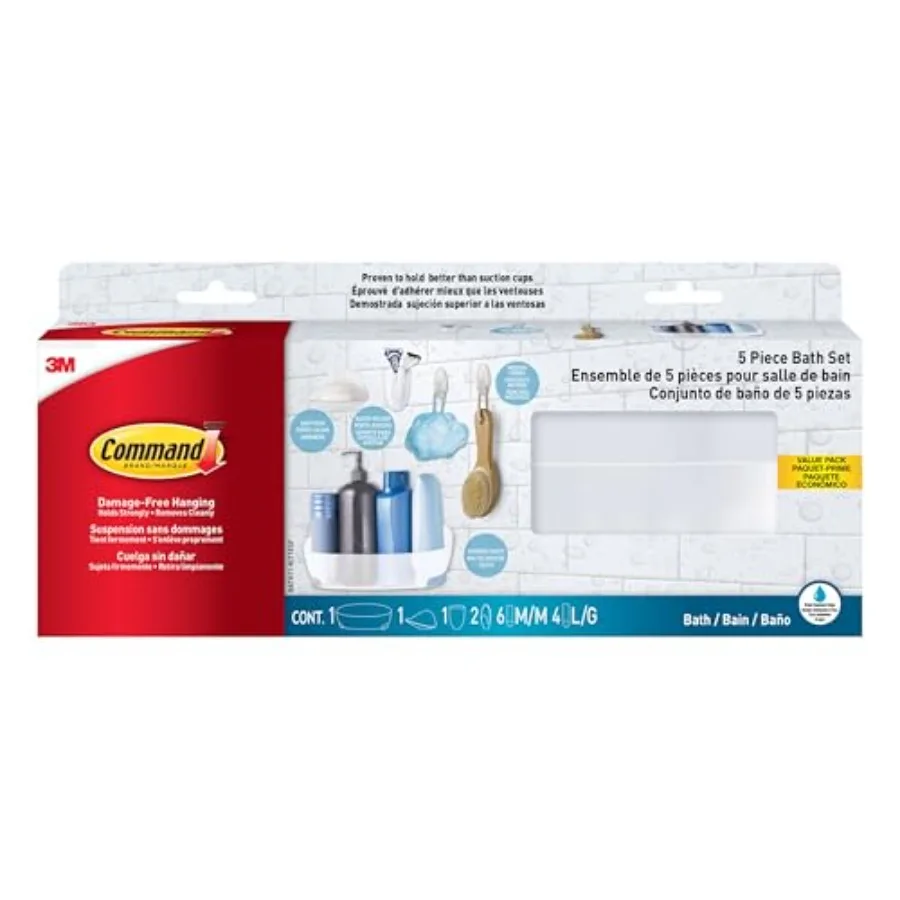 

Набор аксессуаров для ванной комнаты Command, 5 предметов: 1 держатель для душевых принадлежностей, 1 мыльница, 1 держатель для зубных щеток, 2 крючка с дренажем