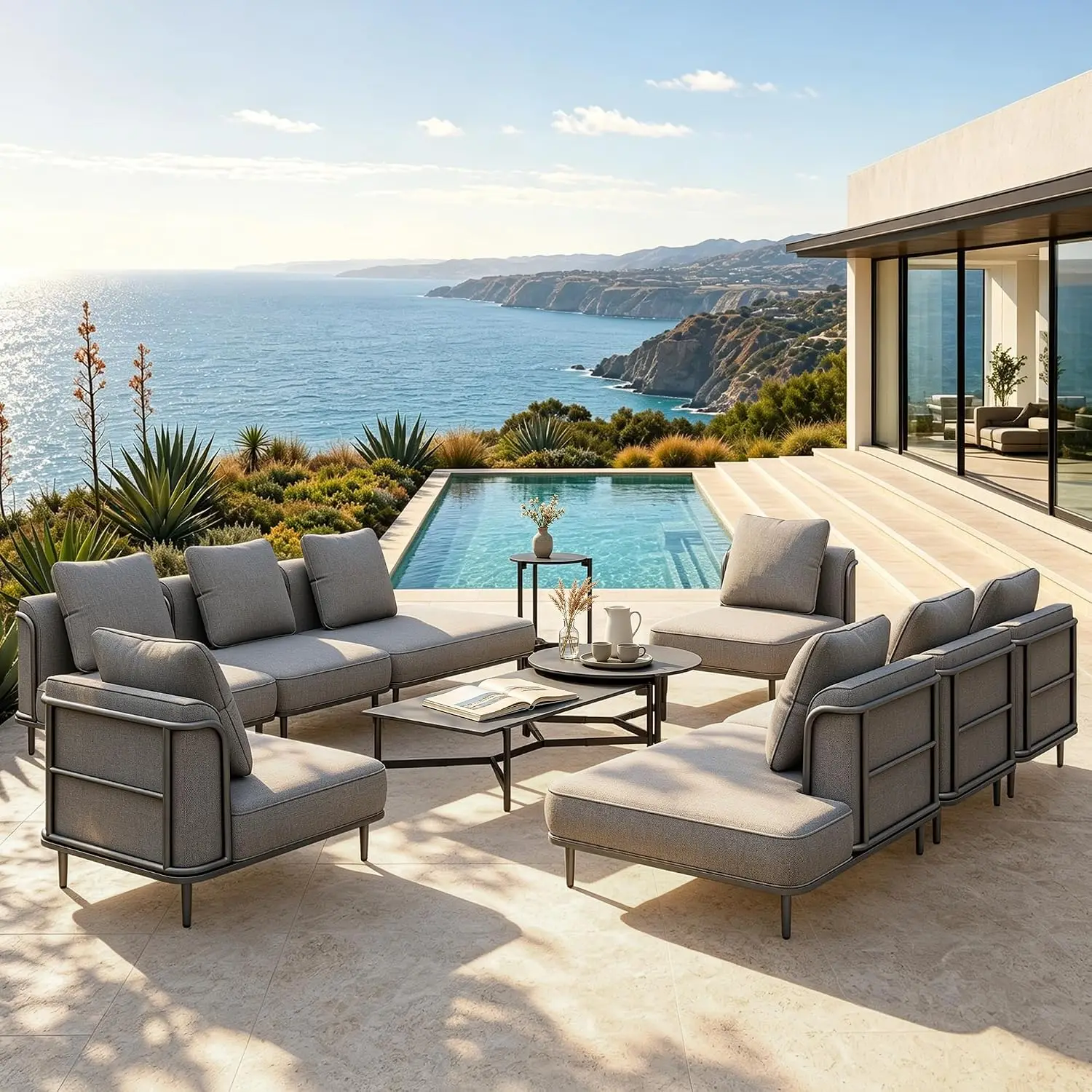 Metal Patio Furniture Set 10-Seat 7.1-Inch Thick Cushions Outdoor Garden Dining, Customized