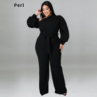 Perl Sloping Shoulders Plus Size Women Clothing Full Sleeve Jumpsuit with Belt Wide Leg One Piece Overall Autumn Outfit 4xl5xl