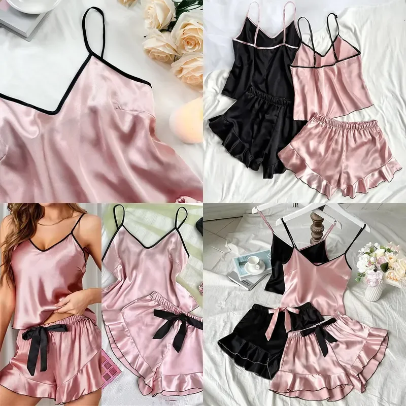 Women's Smooth Satin Pajama Set V-Neck T-Shirt with Ruffled Edges and Bow Shorts Simple Breathable Sling Home Clothing