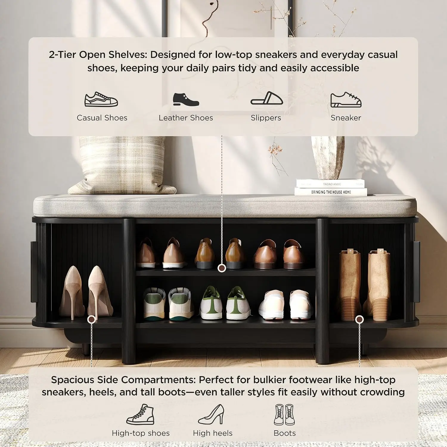 Entryway Shoe Storage Bench with Sliding Doors, 2-Tier Upholstered Shoe Rack Bench with Hidden Storage, Wooden Shoe Organizer