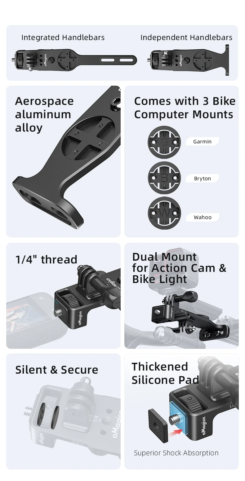 Aluminium-Fahrradcomputerhalterung für Lenker, kompatibel mit Garmin, Bryton, Wahoo, GoPro 13, 12, 11, 10, DJI Insta 360 X6, X5, X4 – Kamerazubehör. – Detail 2