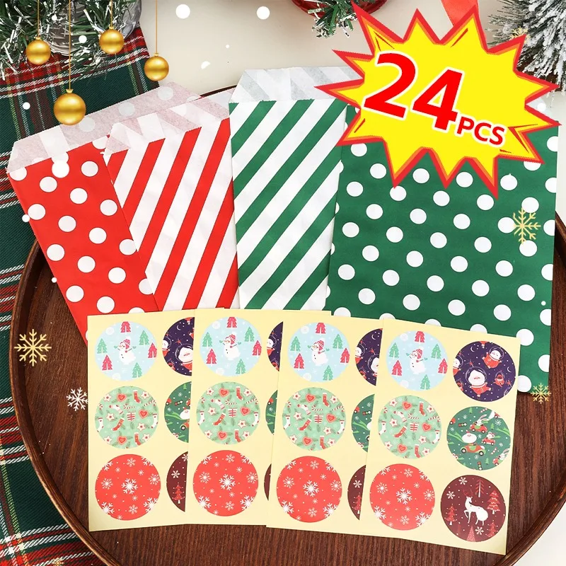 24 stuks papieren zakken met stickers kersttraktatiezakken vakantiecadeau snoepkoekje kerstfeest decoratie geschenkverpakkingsbenodigdheden