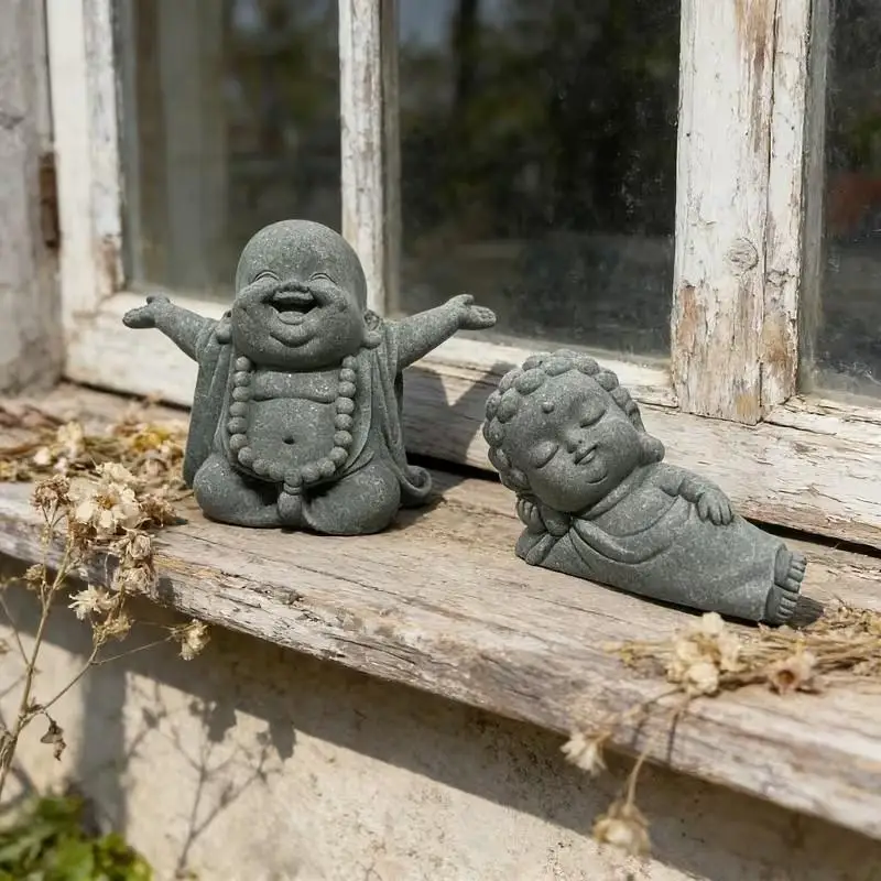 2pcs Zen Buddhist Statues, Stone Carved Maitreya Buddha Open Arms Laughing Belly, Lying Reclining Buddha, Cute Feng Shui Decor view 3
