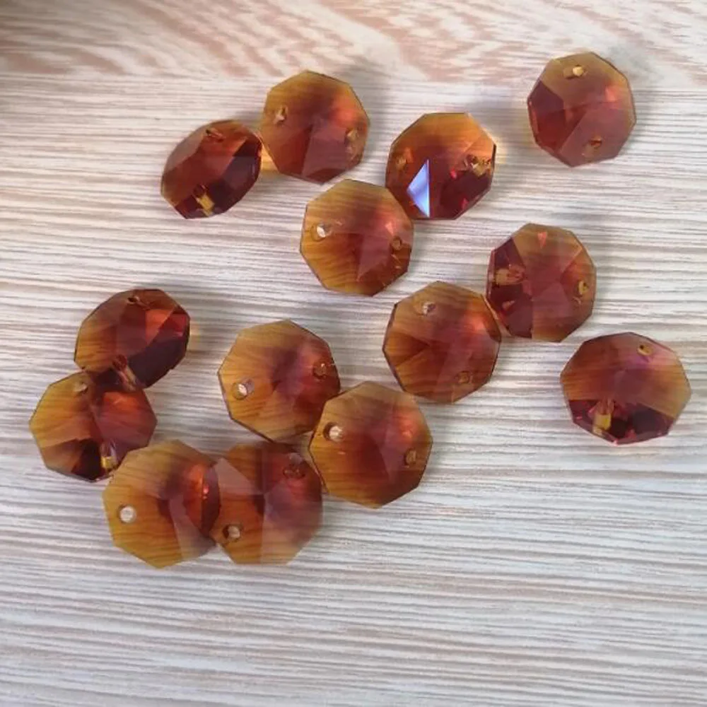 Camal 20pcs Amber 14mm Crystal Octagonal Loose Bead Two Holes Prisms Chandelier Lamp Parts Wedding Centerpiece