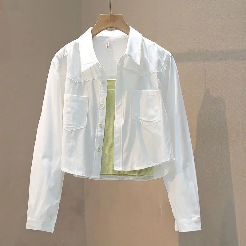 

White Short Women Waist Shirt Spring and Summer Long Sleeve Pocket All Match Jacket Solid Color Casual Button Ladies Shirt