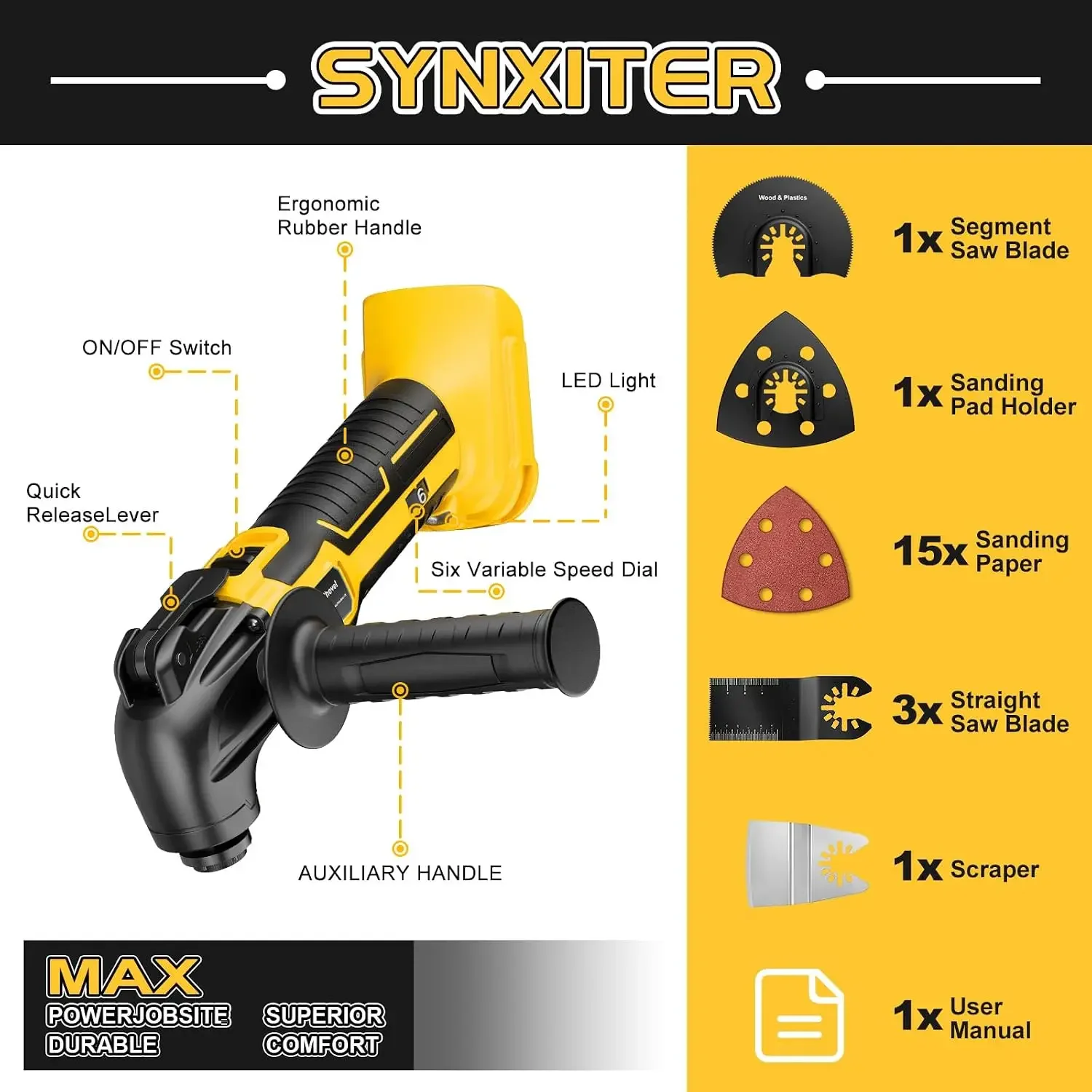 Cordless Oscillating Tool for Dewalt 20V Battery,6 Variable Speed Brushless-Motor Tool,22Pcs Oscillating Multi Tool Kit for Cutting Wood Drywall Nails Remove Grout & Sanding(Tools Only)