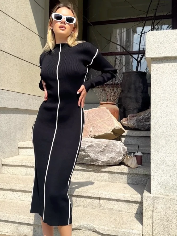 

Fashion Full Sleeve Knitted Dress Women Casual Round Neck High Waist Slim Midi Dresses 2025 Lady Daily Commute Street Vestidos