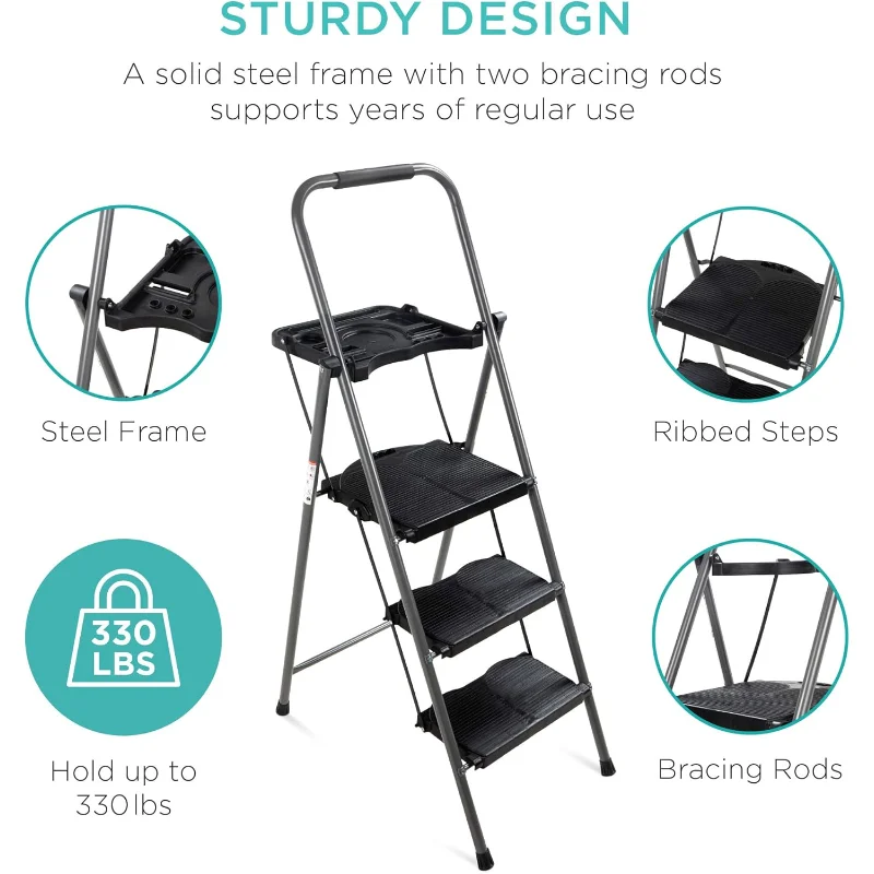 أفضل منتجات سلم من 3 خطوات مع صينية أدوات، مقعد محمول قابل للطي ومضاد للانزلاق، قبضة يد، سعة 330 رطل