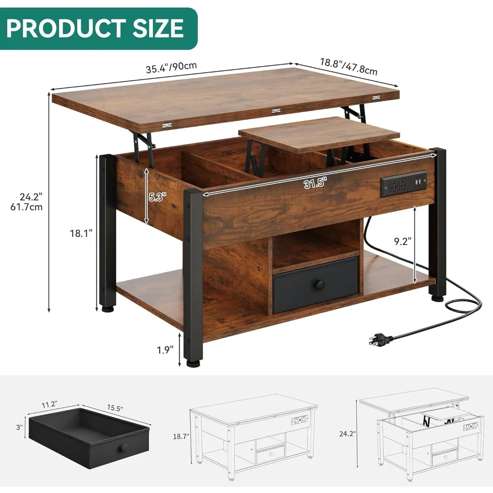 4-in-1 Lift Top Coffee Table with RGB Light & Dual Tops, Multi-Function Table with Power Outlets, Storage, Converts to Dining T