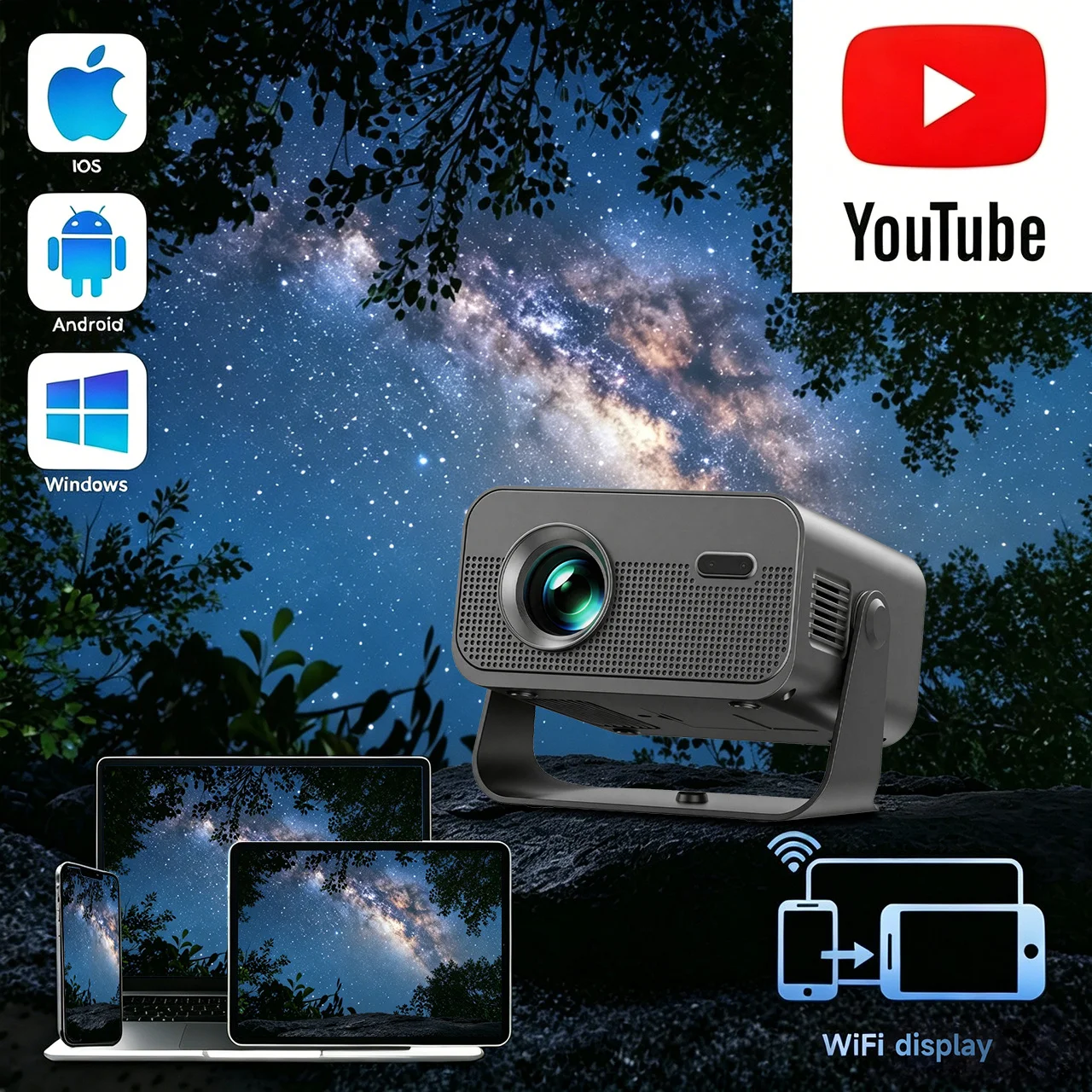 New H6P Portable Ultra HD Projector 720P Smart Home Theater with 360°Rotation Daylight Viewing Wireless Phone Connection Compact