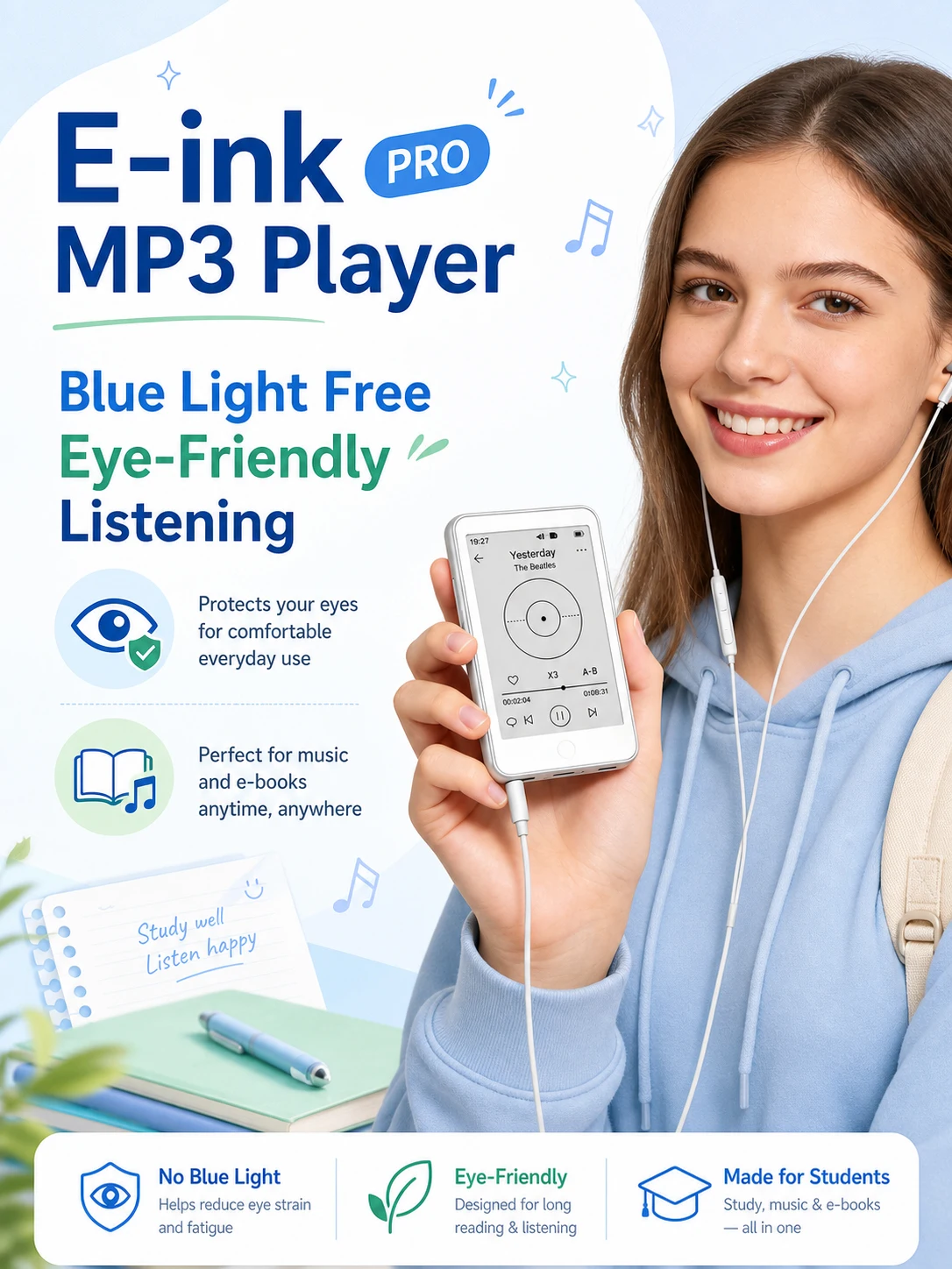 2026 Schüler E-Ink Bildschirm MP3-Player Ohne Blaulicht 64GB Verlustfreie FLAC/APE Eingebaute Hintergrundbeleuchtung | 75H Akku-Rekorder mit langer Laufzeit – Detail 1