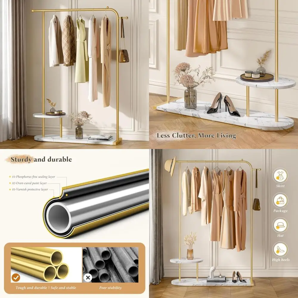 رف ملابس ذهبي حديث عالي 67.3 بوصة مع مساحة تخزين من طبقتين لعرض البوتيك #1