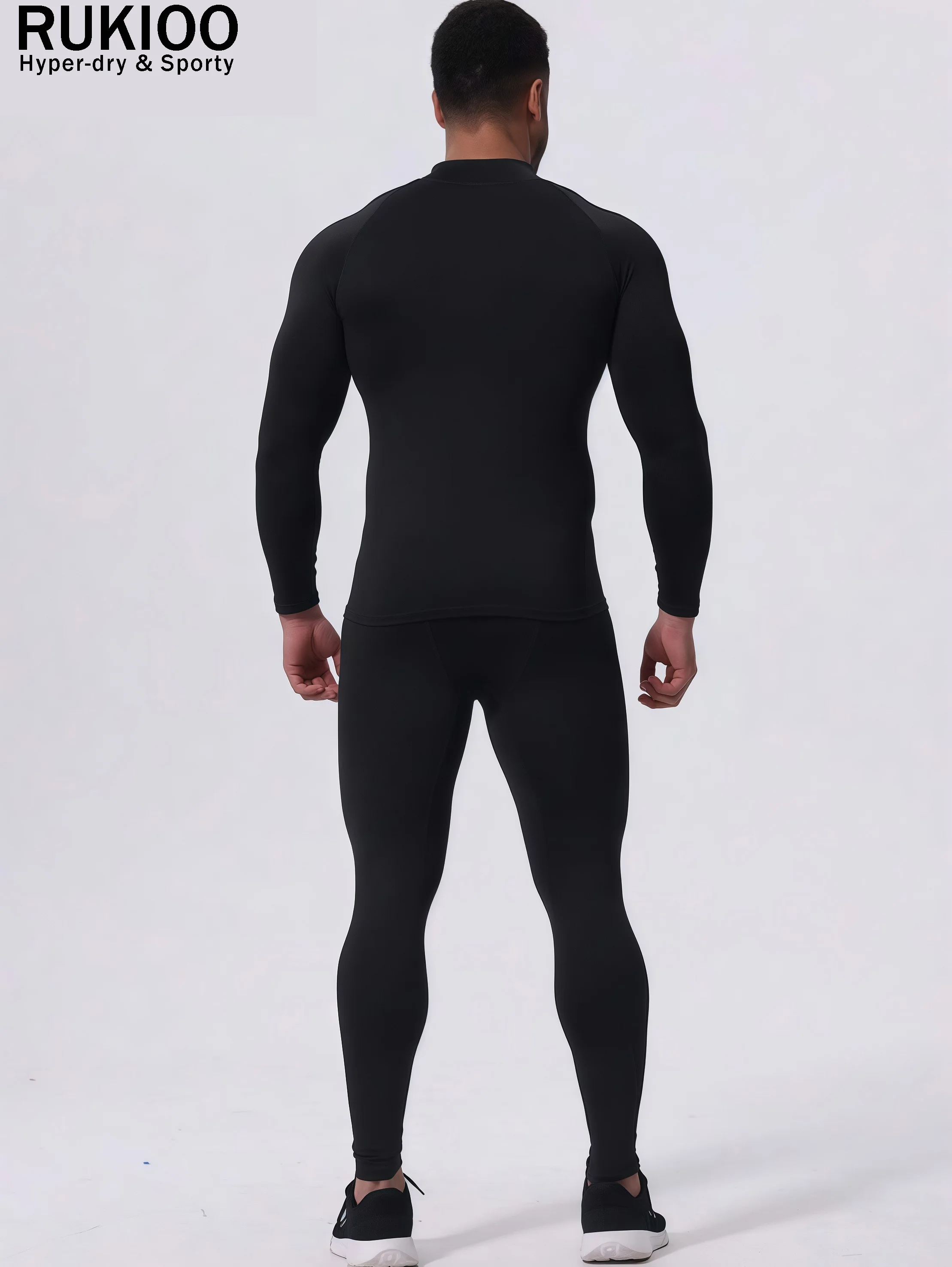 1-Set Men Crew Neck Raglan Fleece Compression Sports Outfit Black Warm Long Sleeve Top Pants RUN Print | Best Value Deal