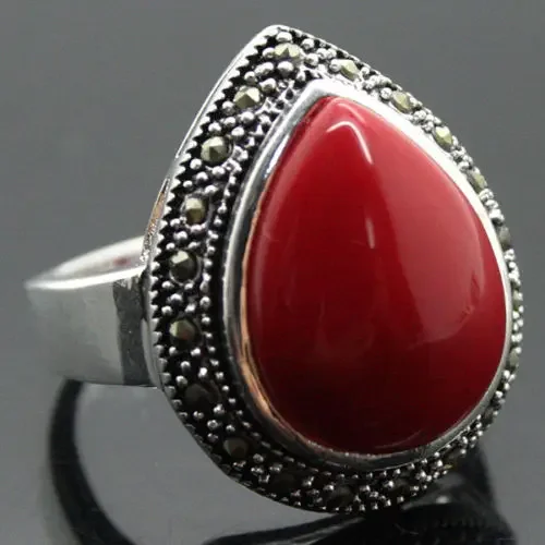 

wholesale 25*20mm RARE JEWELRY DROP RED Coral 925 SILVER RING SIZE 7/8/9/10 Genuine Natural stone gems Fortune Fine jewelry