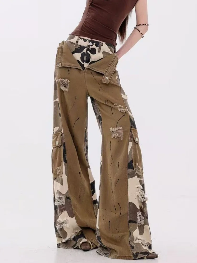 

2025 г. Американский ретро стиль Y2K, камуфляжные лоскутные мешковатые женские джинсы, брюки-карго, одежда, широкие женские коричневые длинные брюки