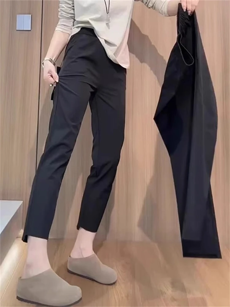 Pantalones de traje negros casuales de pierna recta para mujer, talla grande, novedad de primavera, pantalones cortos fluidos de nueve dieceses, pantalones casuales Harlan Smoke