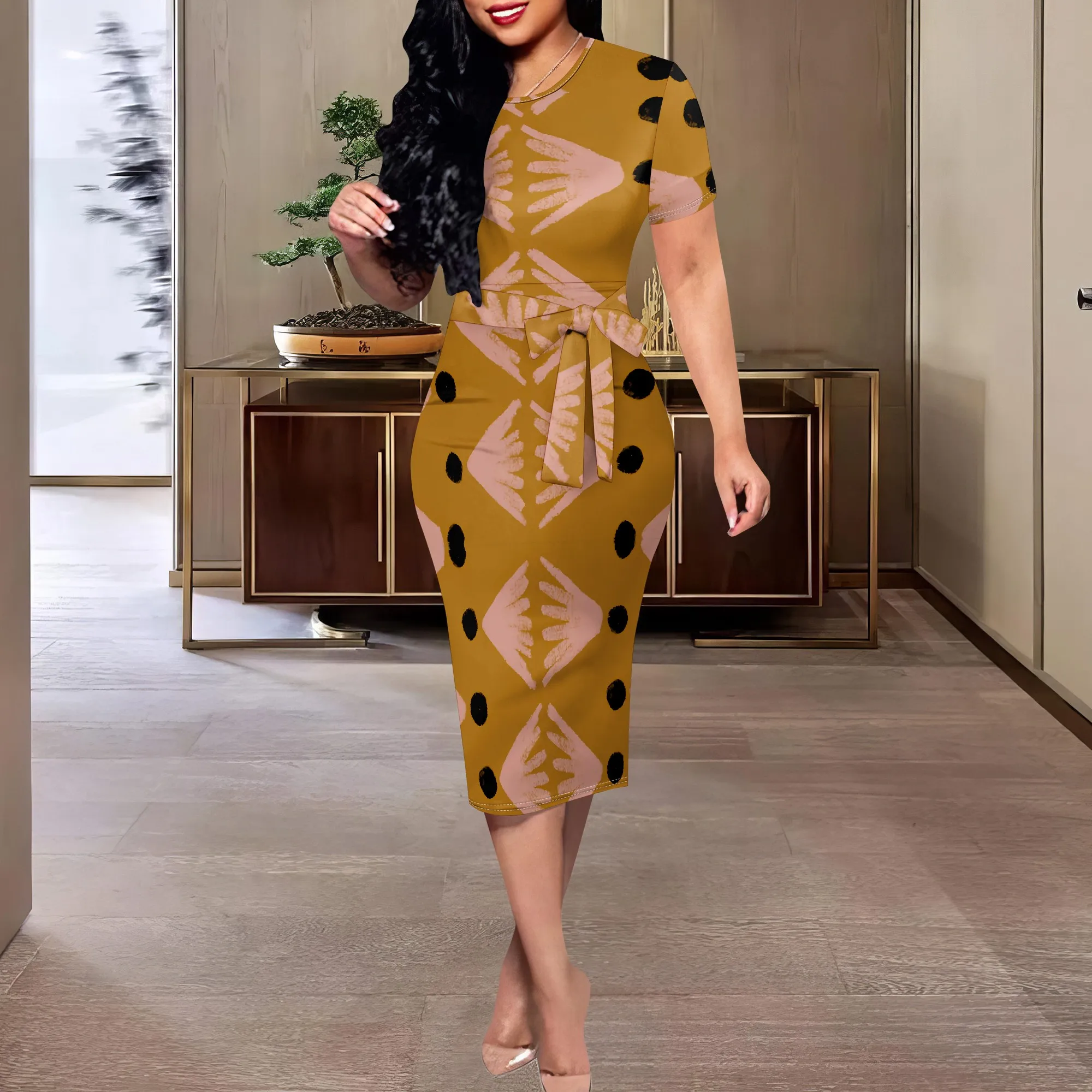 

Tribal Dot Print Bodycon Midi Dress XS-3XL – Afro-Inspired Mustard Yellow Dress for Juneteenth, Parade or Bold Street Style