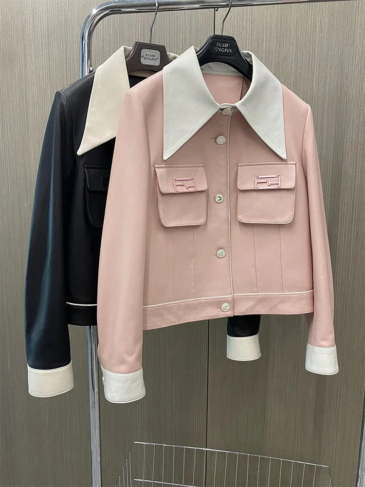 Sheepskin Cropped Coat for Women Spring Autumn 2024 Trend Contrast Color Stitching Design Single-breasted Genuine Leather Jacket