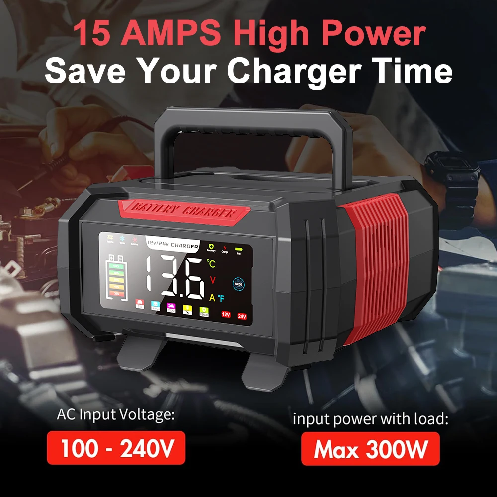 Upgraded 15A/8A Smart Battery Charger 9-Stage Fast Charge Pulse Repair for Car Motorcycle SUV Lead-Acid Lithium LiFePo4 Battery