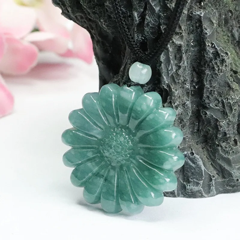 Natural Burmese Blue Jadeite Sunflower Jade Pendant Necklace Fashion Fine Jewelry Designer Charm Amulet Gifts for Women Luxury