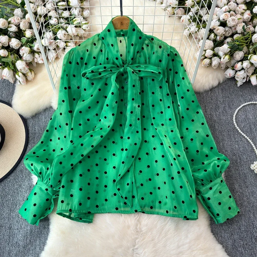 2025 New Spring Summer Women Vintage Lantern Long Sleeve Shirt Bow Lace Up Collar Polka Dot Print Loose Shirt Tops