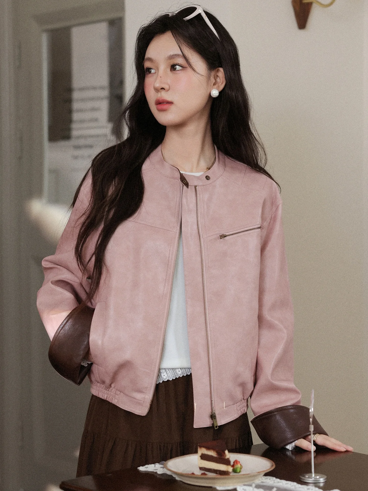 

South Deer ort Pink Fog Leather Jaet Women's Faionable Turn-down Collar Autumn Top Quali Chinese Brand L58360-L5886