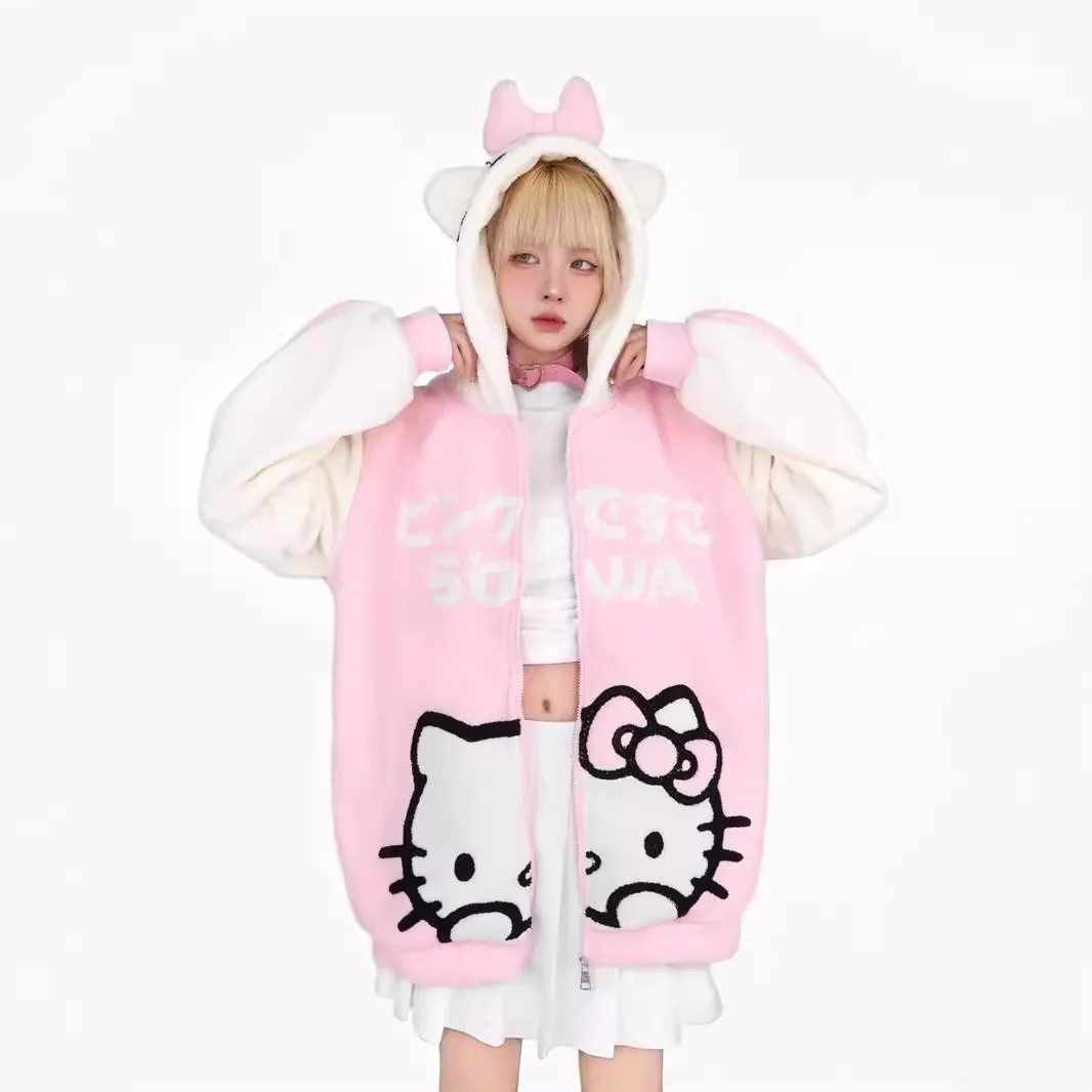 Cute Sweet Hello Kitty New Warm Hooded Velvet Sweatshirt Coat Kawaii Cartoon Autumn Winter Oversize Cardigan Outer Plush Jacket