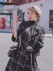 Nerazzurri Autumn Winter Loose Stylish Chic Colorful Thick Warm Plaid Woolen Coat Women Raglan Sleeve Sashes Korean Fashion 2023