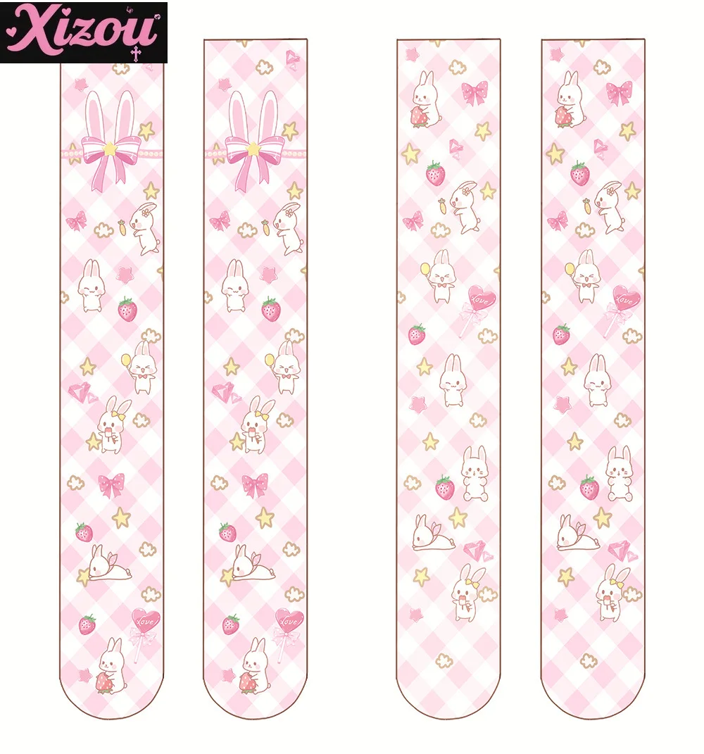 Japanese Lolita Animation Print Stockings Thin Women Spring Autumn Knee Long Tube Soft Cute Girl Kawaii White Pink Velvet Socks