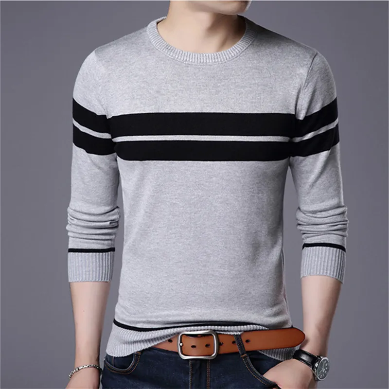 New Autumn Men\'s Knitted Sweater Pullovers Slim O Neck Long Sleeve Pullover Stripe Patchwork Pullover Casual Bottoming Sweaters