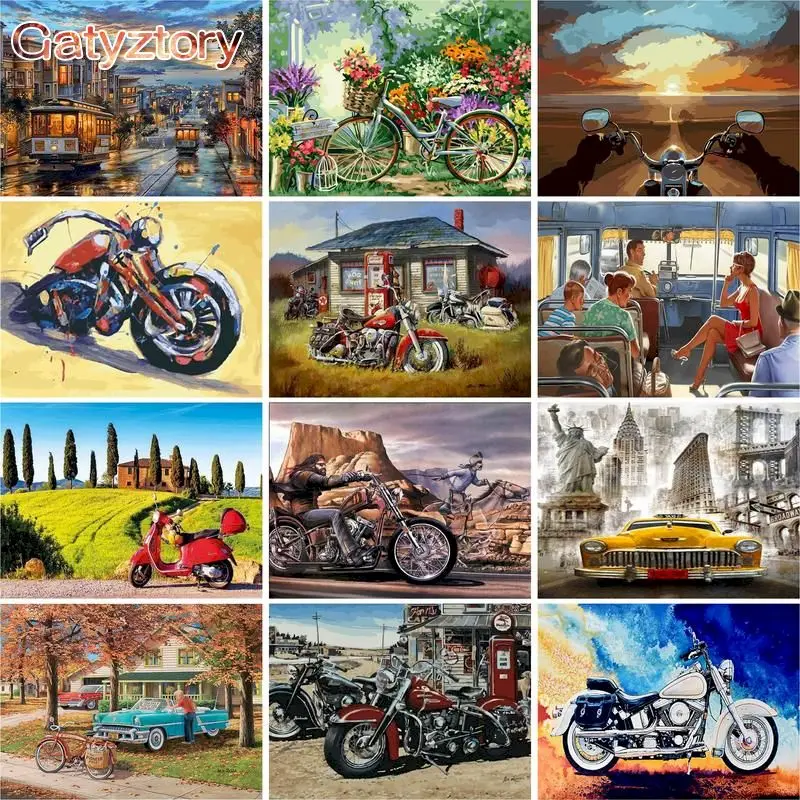 GATYZTORY Oil Painting By Numbers Motorcycle Scenery Picture By Number Handmade 60x75cm Frame On Canvas Home Decor Photos