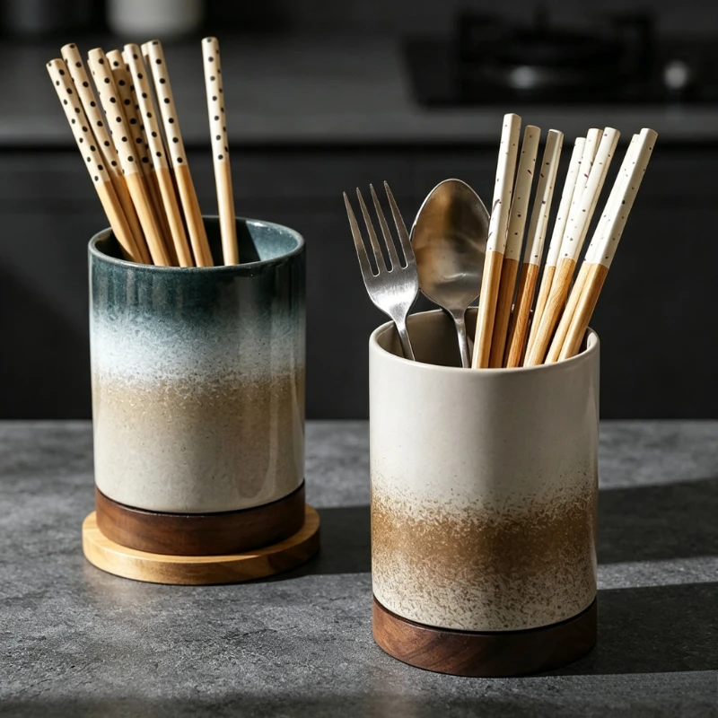 Japanese Style Ceramic Utensil Holder Drainable Chopstick Spoon Fork Storage Container With Wood Base For Kitchen Countertop
