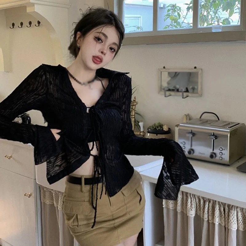 Women\'s Lace Blouse V-neck Mesh See-through Chiffon Sunscreen Cardigan Tops Summer Waist Tie Flared Sleeve Shirt Jacket