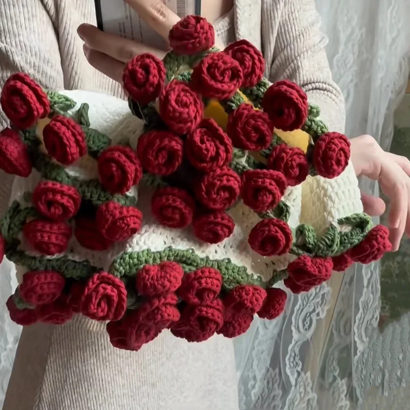 

Rose Bouquet Blanket Handmade Wool Bouquet Blanket Woven Crocheted DIY Material Creative Gift Need To Knitte Foldable Blankets