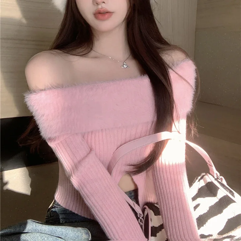 Slash Neck Pullovers Women Autumn Slit Fluffy Patchwork Cropped Knitted Sweater Design All-match Sexy Hot Girls Soft Slim Casual