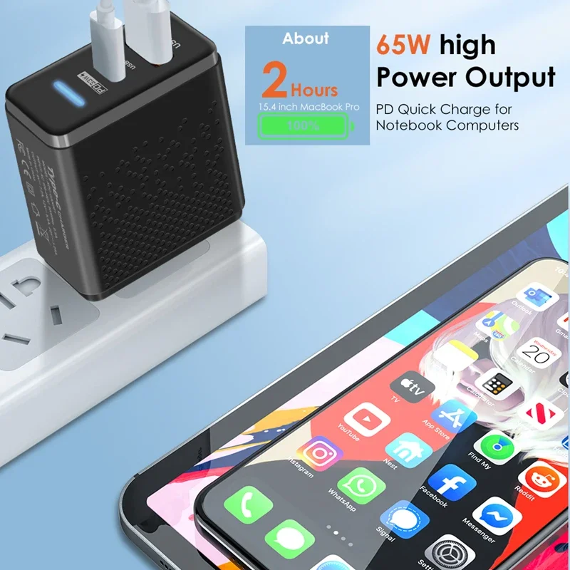 65W GaN PD Fast Charger 2-Port USB C USB A Quick Charge Wall Charger for Samsung Huawei Xiaomi iPhone EU/US/UK/KR Plug