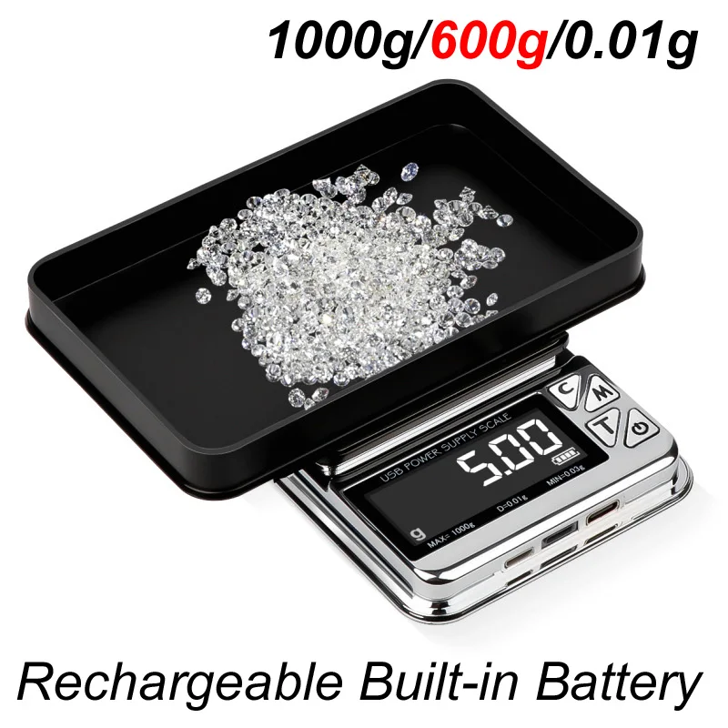 Electronic Type-C Micro USB Digital Scale Precision 1000g/600g 0.01g LCD Jewelry Balance Scales Rechargeable Built-in Battery