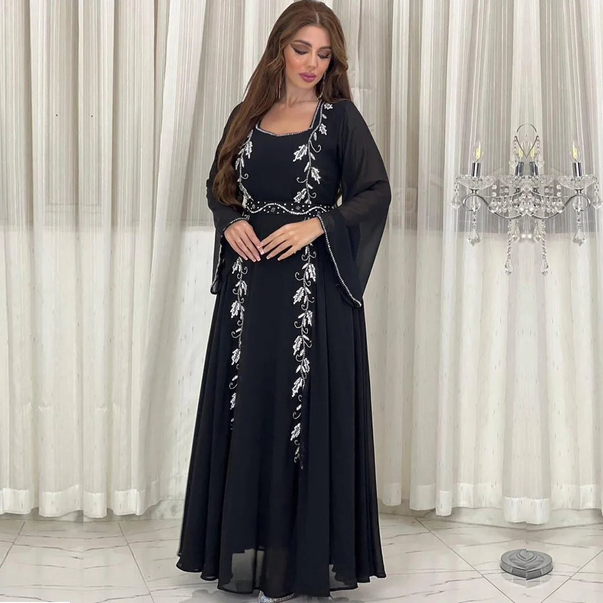 UNI Eid Muslim Party Dress for Women Abaya Embroidery Sequins Ramadan Lace-up Abayas Kaftan Islam Dubai Arab Modest Long Robe