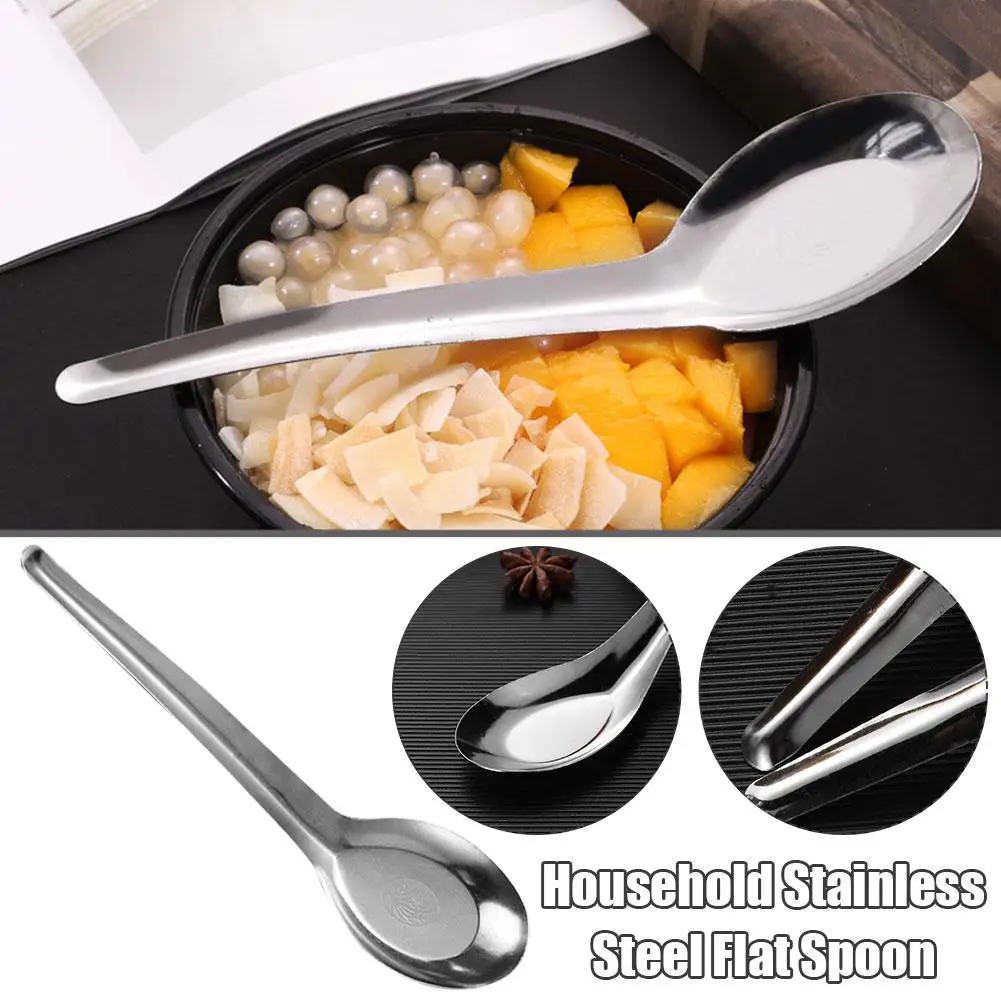 12pcs Long Handle Flat Bottom Spoon 410 Stainless Steel Meal Spoon Spoon breakfast Congee Household Adult Restaurant Spoon W9V1