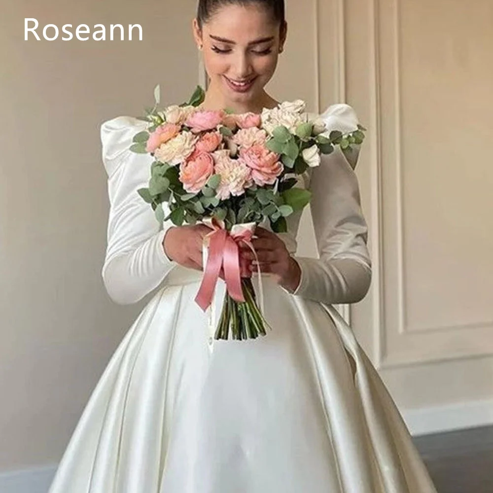 Vestidos de novia línea a de satén de alta calidad personalizados nuevo drapeado plisado cuello redondo manga larga hasta el suelo vestido de novia robe de mariée