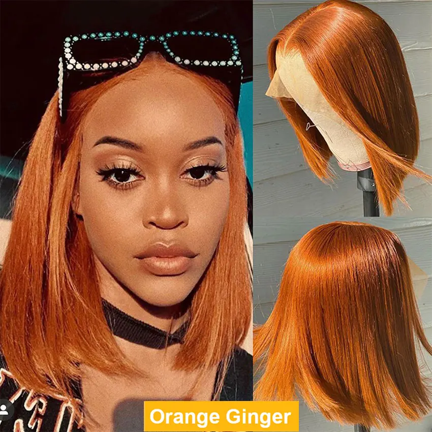 

Lace Front Short Bob Wig Indian #Orange Straight T Part Lace Transparent Frontal Wigs Human Hair For Black Woman 350 colors