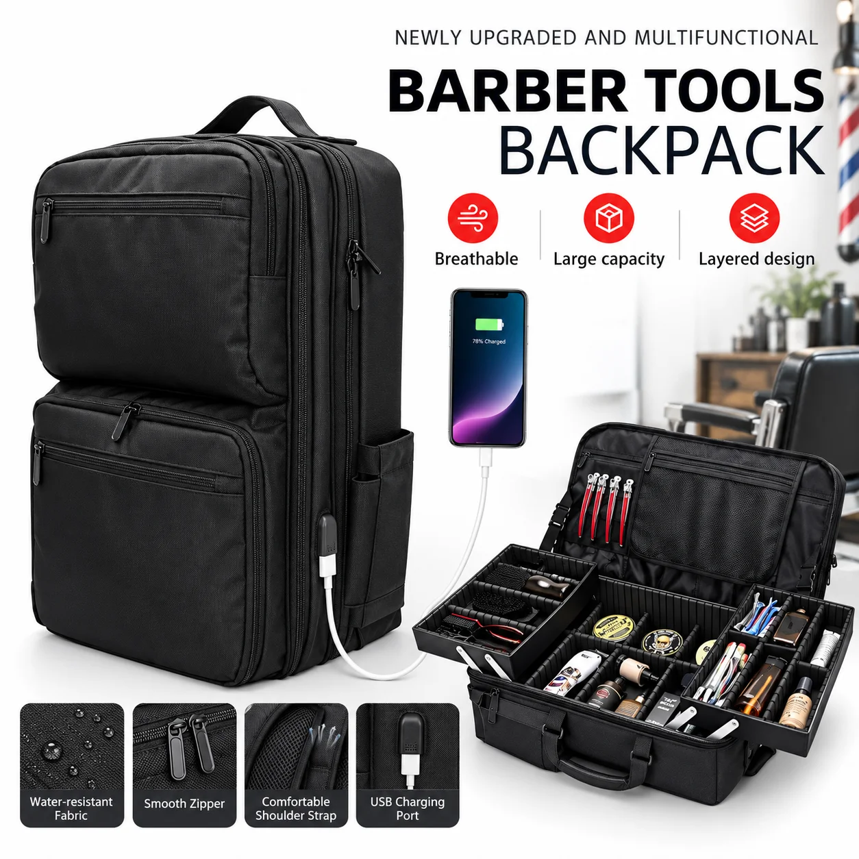 USB Charging Barber Bag for Hairstylist Tools | Large Capacity, Adjustable Dividers Water-resistant Cosmetology Travel Backpack