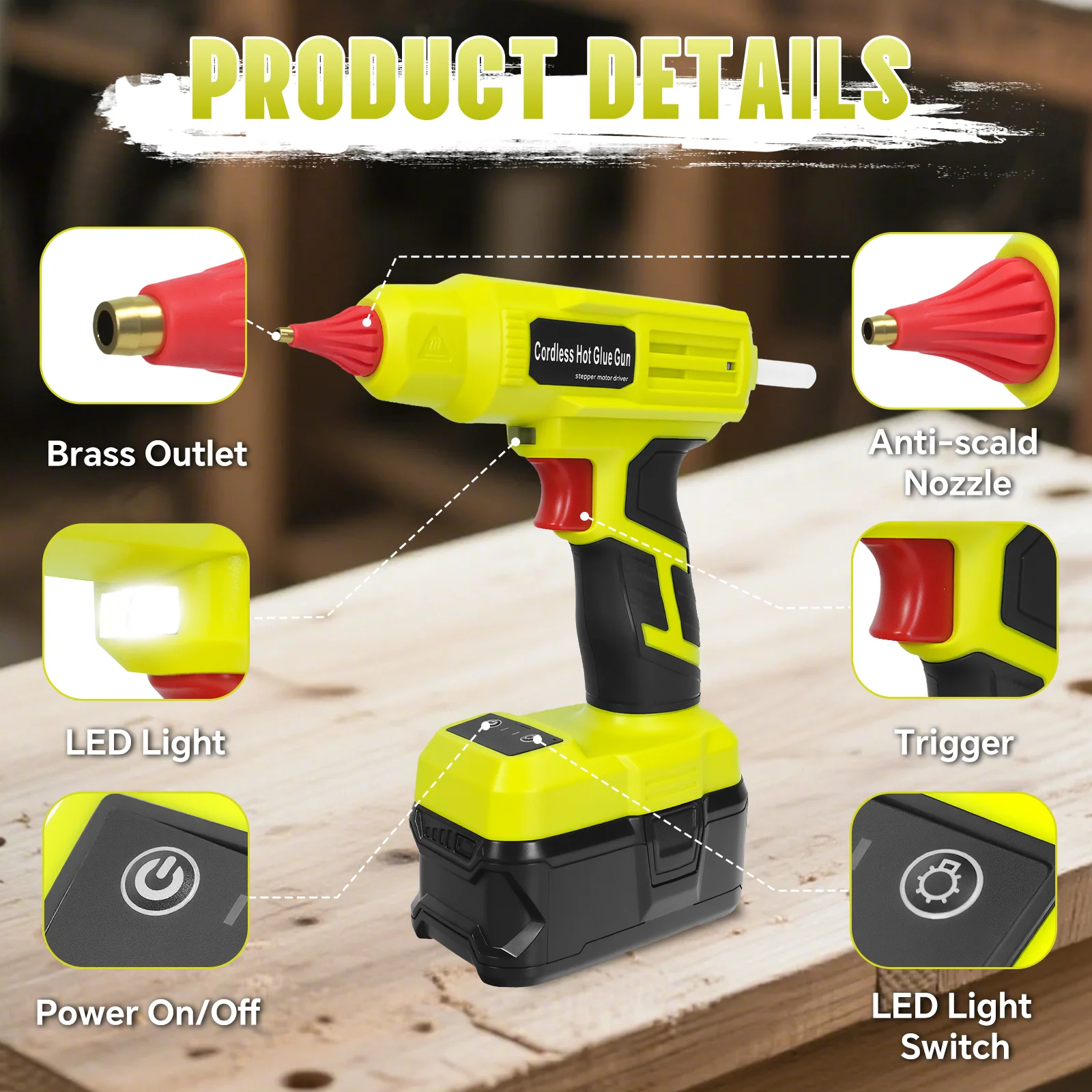 

100W Hot Melt Glue Gun DIY Industrial Electric Adhesive Hot Gun Repair Tool with 10pcs 11mm Glue Sticks for Ryobi 18V Battery