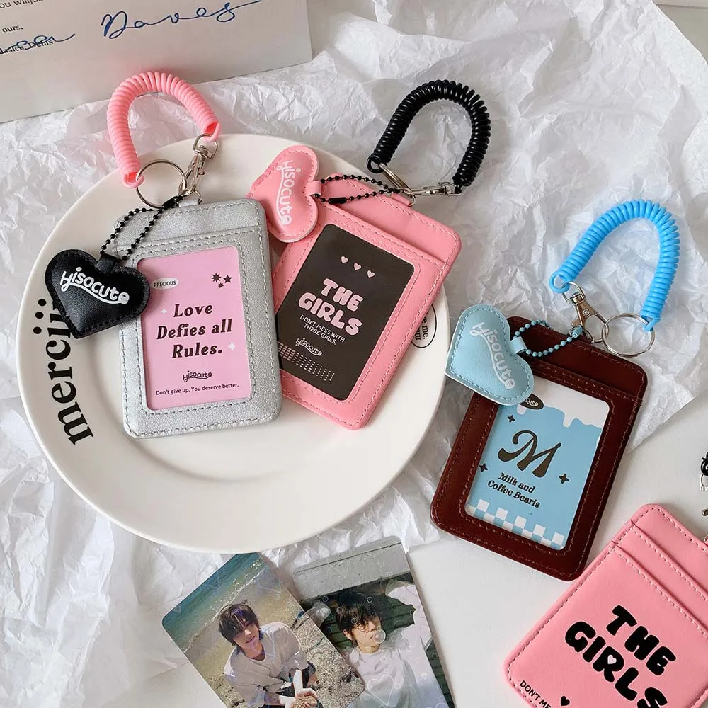 Cute Love Heart Ultra-thin Package Keychain Bungee Cord PU Leather Korean Version Card Holder Multi-card ID Holders