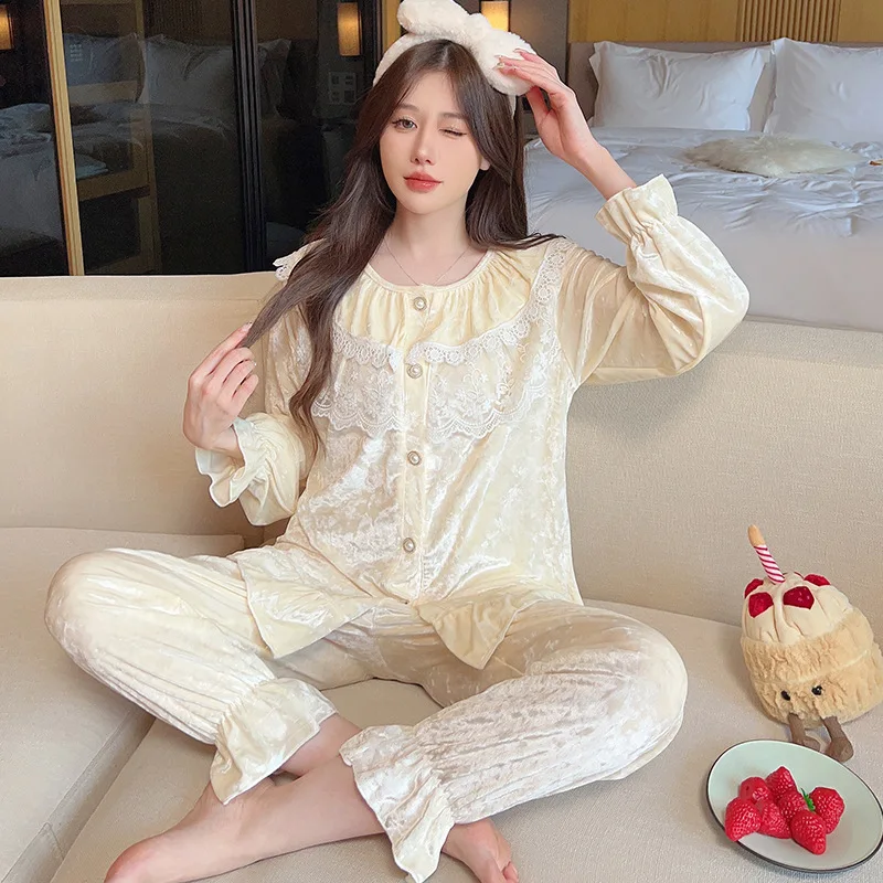 Pajama Set Women\'s Velvet Long Sleeve Lace Sweet Princess Palace Style Sleepwear Home Wear Loose Casual Nightwear Velour Pijama